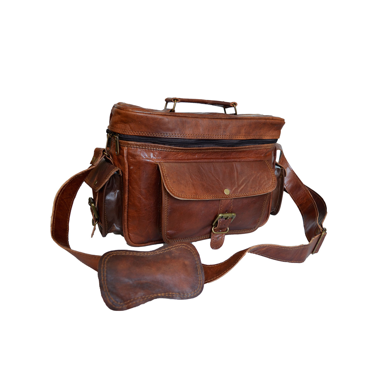 Men's Vintage Camera Messenger Bag Leather Travel Shoulder Bag for Photographer